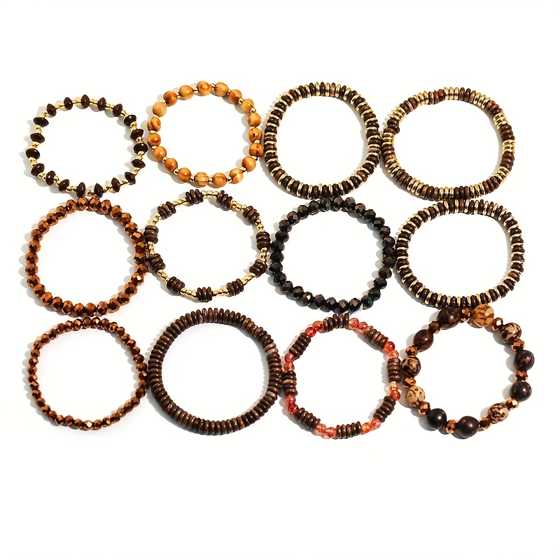 12pc Vintage Brown Layered Bead Bracelet Set
